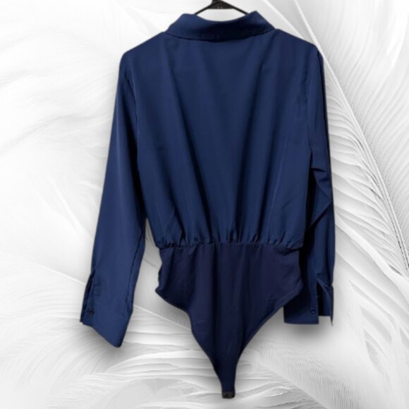 Navy Long Sleeve Button-Up Bodysuit Shirt – Size L - Picture 4 of 9